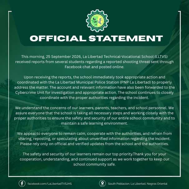 Bacolod: La Libertad school reports alleged shooting threat