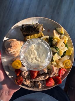 Mediterranean chicken plate with roasted vegetables & vegan tzatziki