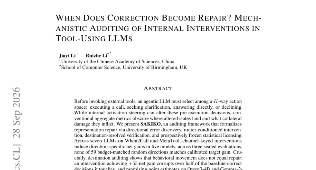 When Does Correction Become Repair? Mechanistic Auditing of Internal Interventions in Tool-Using LLMs