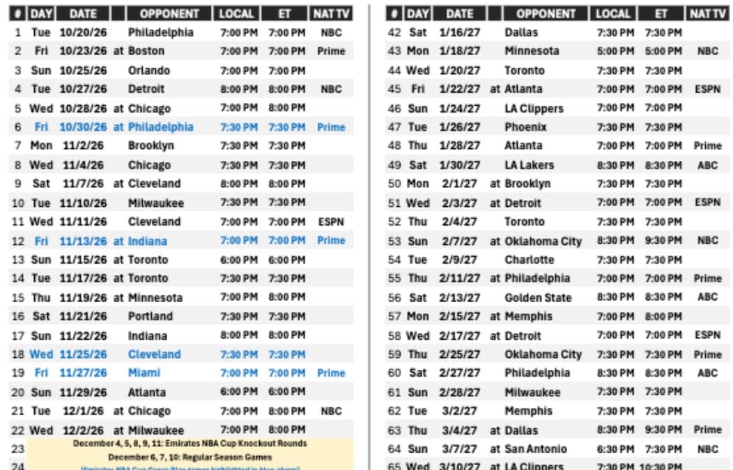 Knicks Schedule Released