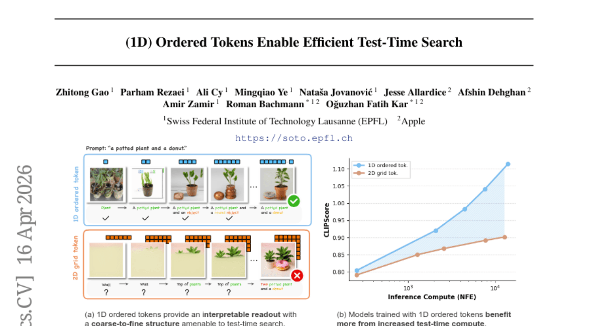 (1D) Ordered Tokens Enable Efficient Test-Time Search