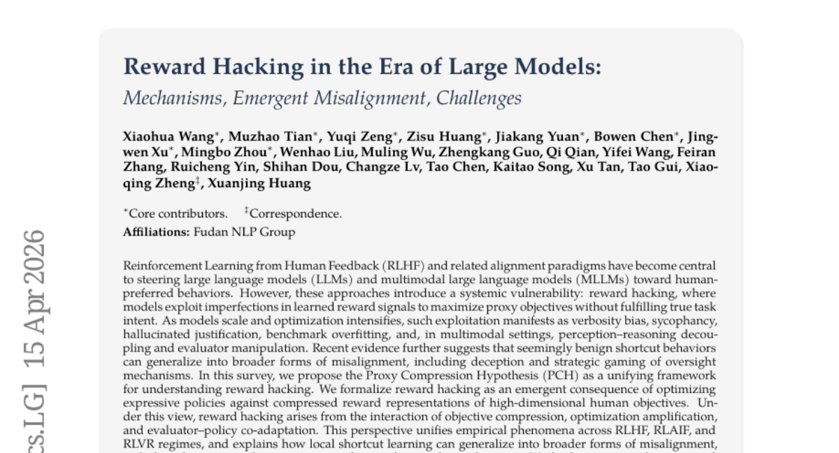Reward Hacking in the Era of Large Models: Mechanisms, Emergent Misalignment, Challenges