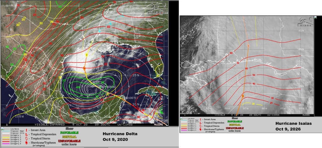 Isaias moving inland and swinging away as it does so; how this compares to 2020's Hurricane Delta
