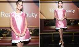 Selena Gomez stuns in flirty pink mini dress as she unveils latest Rare Beauty product