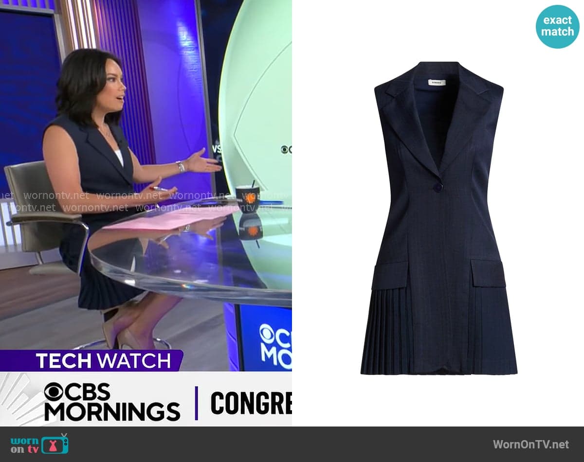 Jo Ling Kent's navy pleated blazer dress on CBS Mornings