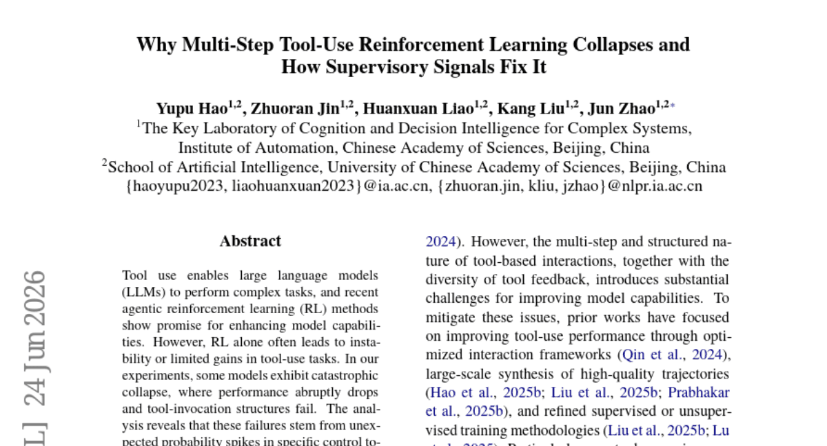 Why Multi-Step Tool-Use Reinforcement Learning Collapses and How Supervisory Signals Fix It