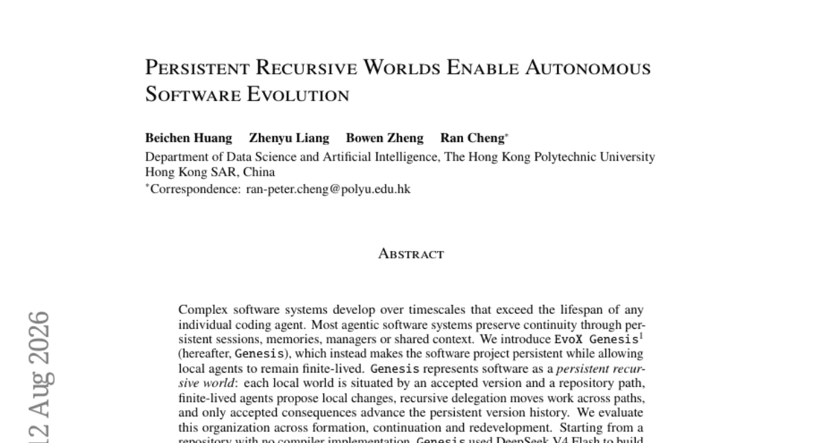 Persistent Recursive Worlds Enable Autonomous Software Evolution