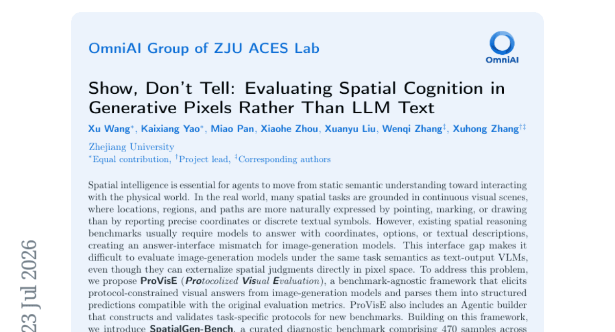 Show, Don't Tell: Evaluating Spatial Cognition in Generative Pixels Rather Than LLM Text