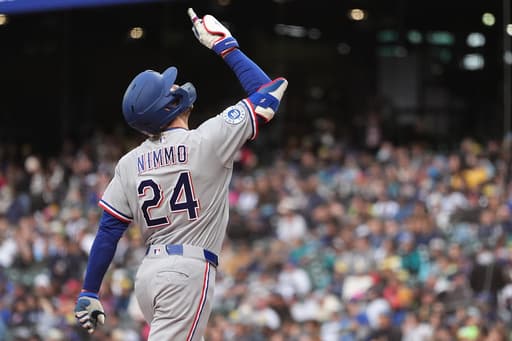 
	  Nimmo hits leadoff homer, deGrom works 4 scoreless innings as Rangers beat Mariners 5-0 - World Baseball Network  