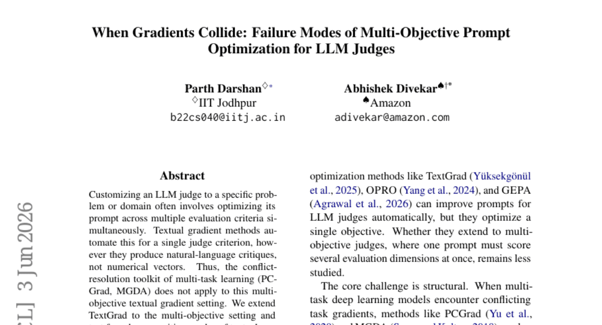 When Gradients Collide: Failure Modes of Multi-Objective Prompt Optimization for LLM Judges