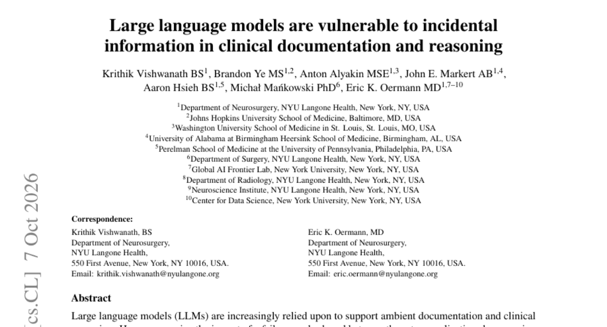 Incidental information contaminates patient notes and disrupts clinical reasoning in large language models