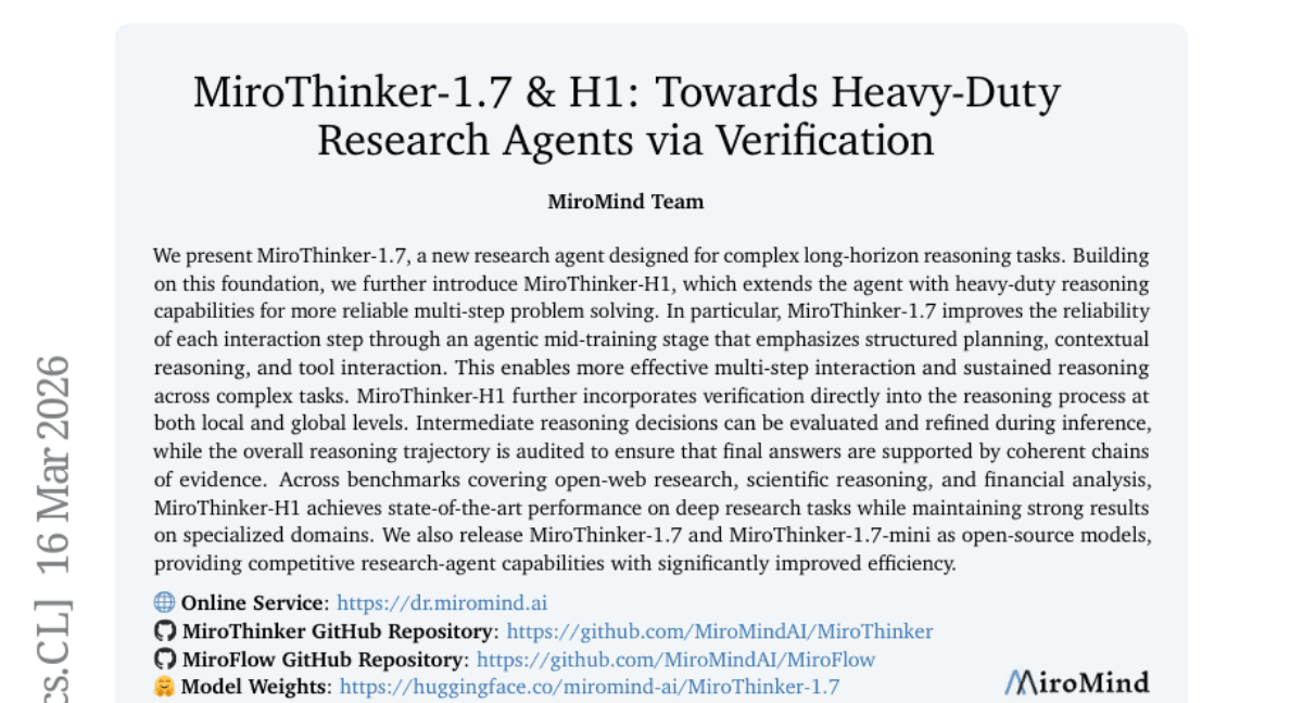 MiroThinker-1.7 & H1: Towards Heavy-Duty Research Agents via Verification