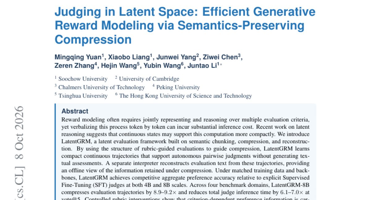 Judging in Latent Space: Efficient Generative Reward Modeling via Semantics-Preserving Compression