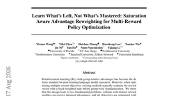 Learn What's Left, Not What's Mastered: Saturation Aware Advantage Reweighting for Multi-Reward Policy Optimization
