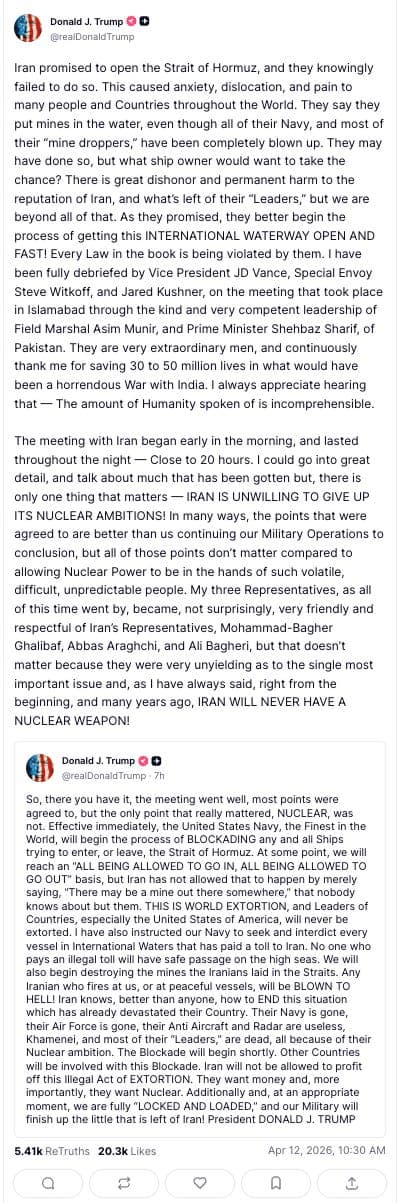 Peace Talks Collapse, Trump Orders Full Naval Blockade of the Strait of Hormuz; Orbán Ousted in Historic Hungarian Landslide; Manhattan DA Opens Criminal Probe Into Swalwell