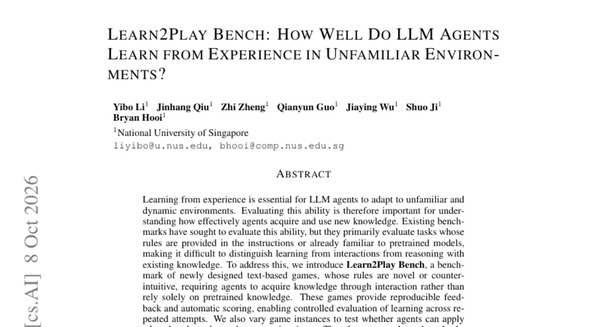Learn2Play Bench: How Well Do LLM Agents Learn from Experience in Unfamiliar Environments?