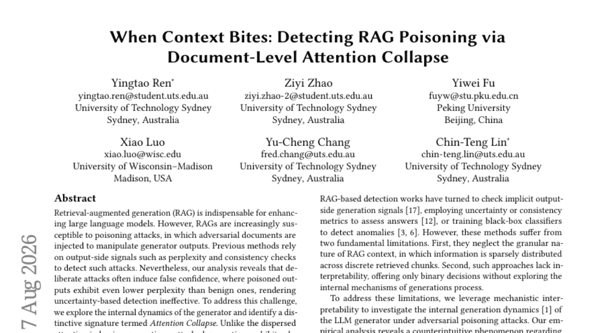 When Context Bites: Detecting RAG Poisoning via Document-Level Attention Collapse