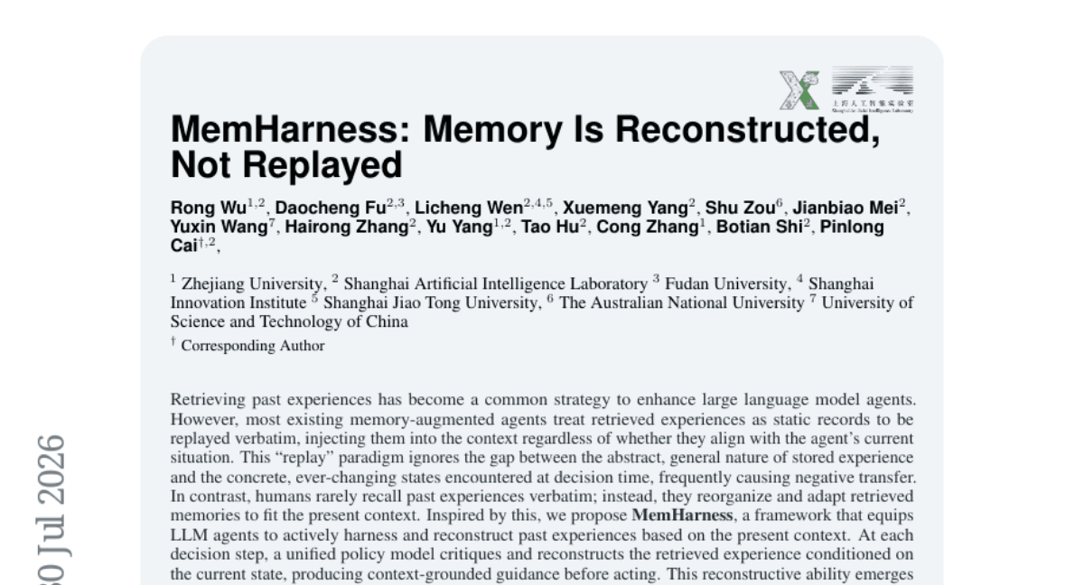 MemHarness: Memory Is Reconstructed, Not Replayed