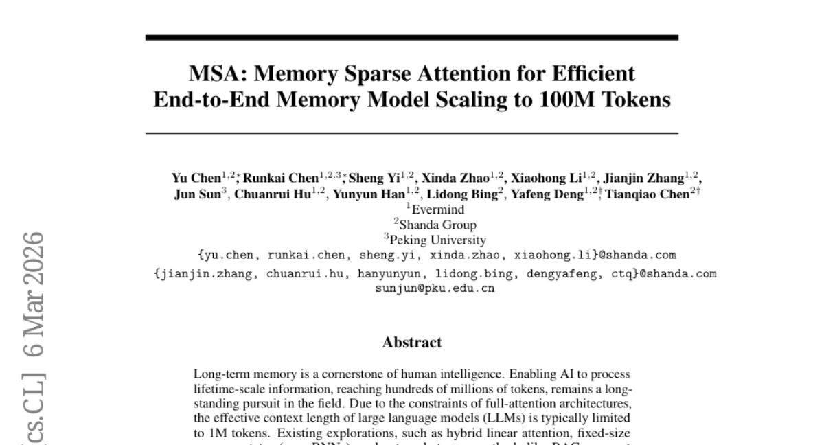 MSA: Memory Sparse Attention for Efficient End-to-End Memory Model Scaling to 100M Tokens