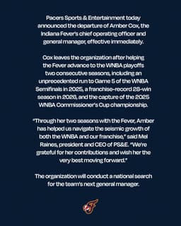 @IndianaFever: We have announced the departure of COO and GM Amber Cox. https://t.co/REa1DKNdTm