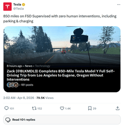Tesla FSD Supervised Completes 850 Miles, Zero Interventions