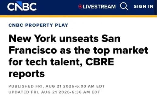 New York Overtakes Bay Area as Top U.S. Tech Talent Market