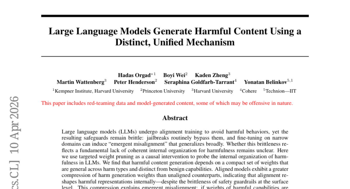 Large Language Models Generate Harmful Content Using a Distinct, Unified Mechanism