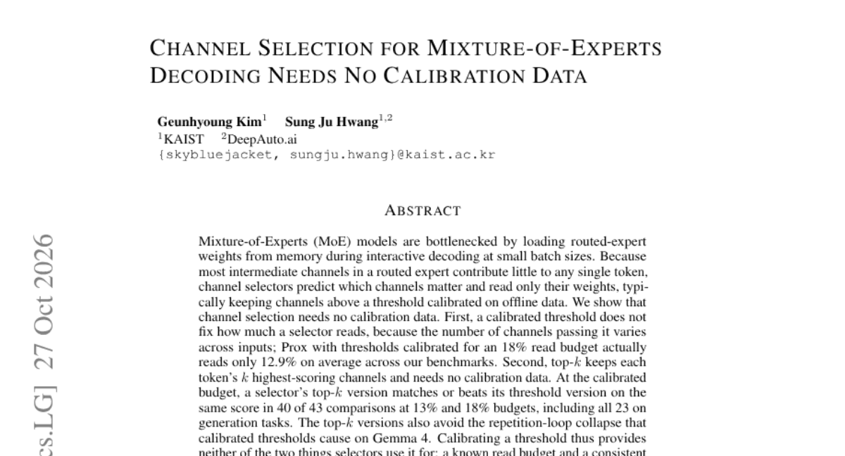 Channel Selection for Mixture-of-Experts Decoding Needs No Calibration Data