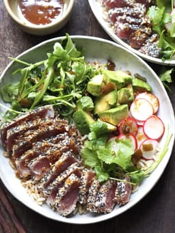 Ahi Tuna Salad with Brown Rice, Avocado and ginger soy dressing
