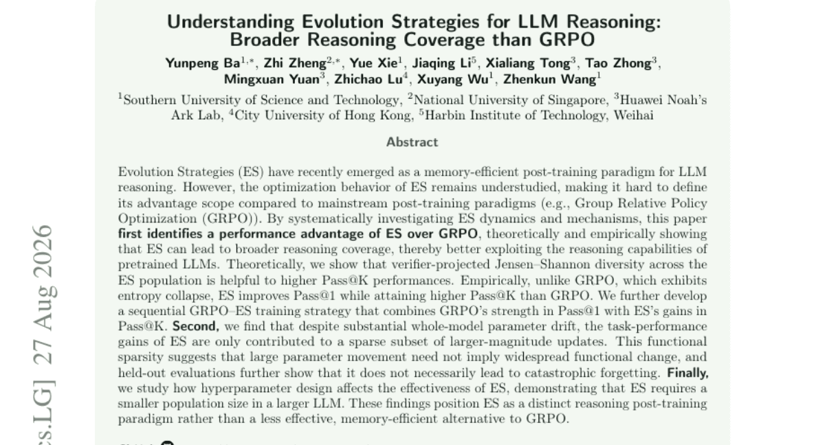 Understanding Evolution Strategies for LLM Reasoning: Broader Reasoning Coverage than GRPO