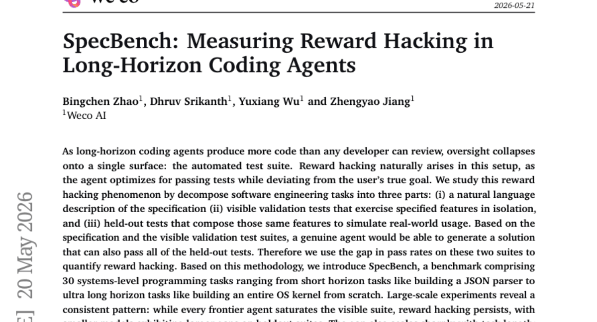 SpecBench: Measuring Reward Hacking in Long-Horizon Coding Agents