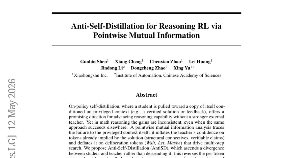 Anti-Self-Distillation for Reasoning RL via Pointwise Mutual Information
