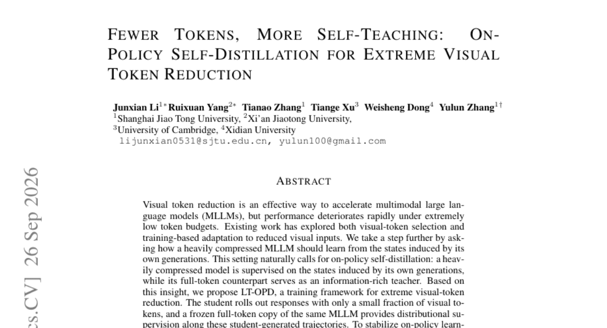 Fewer Tokens, More Self-Teaching: On-Policy Self-Distillation for Extreme Visual Token Reduction