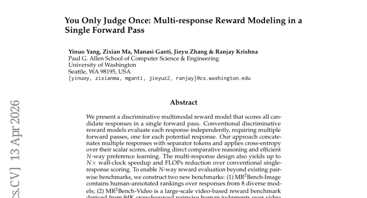 You Only Judge Once: Multi-response Reward Modeling in a Single Forward Pass