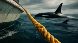 Fishermen report sharks biting their anchor lines just moments after orcas surrounded their boat in a tense marine encounter