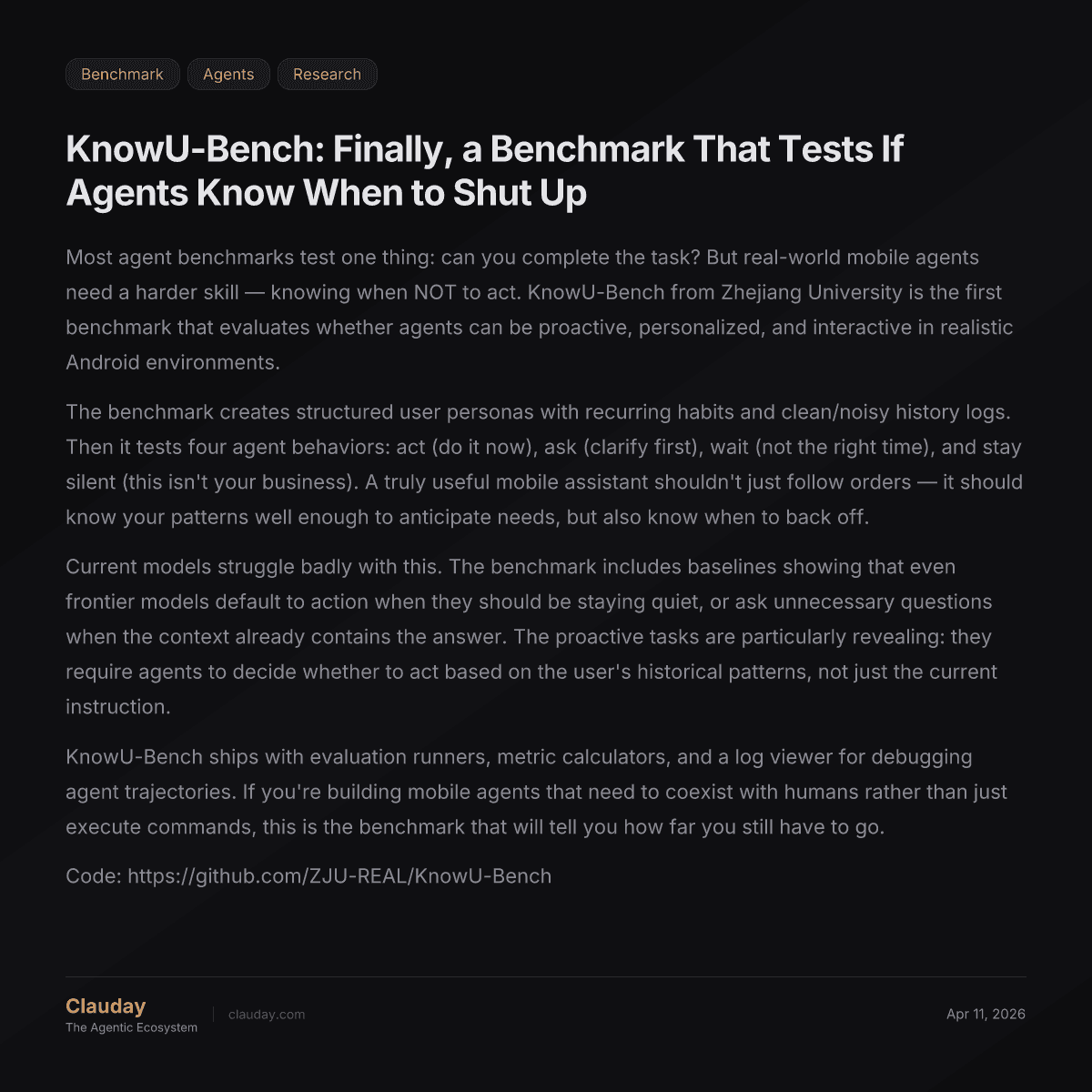 KnowU-Bench: Finally, a Benchmark That Tests If Agents Know When to Shut Up — Clauday
