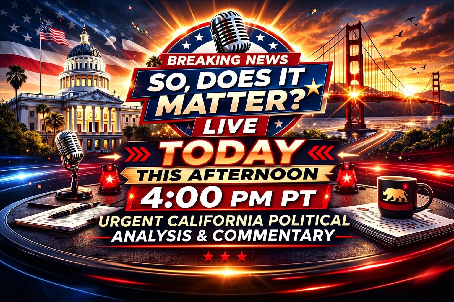 Reminder: We Are Going LIVE at 4pm for 45 minutes of California Political Analysis and Commentary!