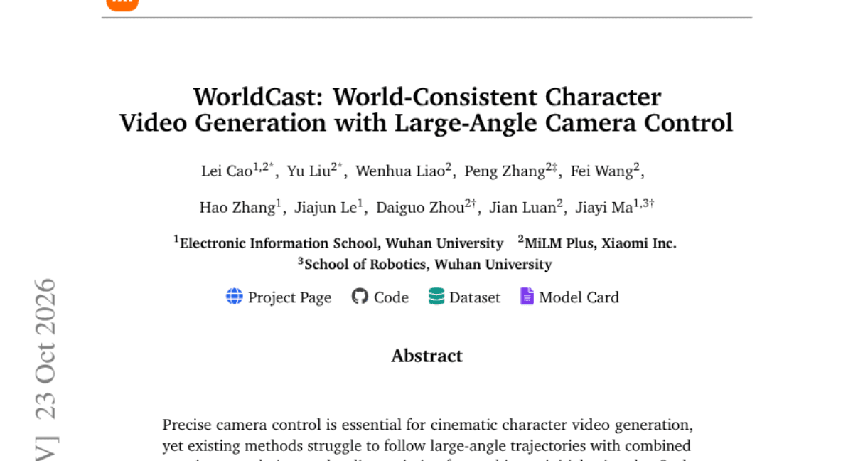 WorldCast: World-Consistent Character Video Generation with Large-Angle Camera Control