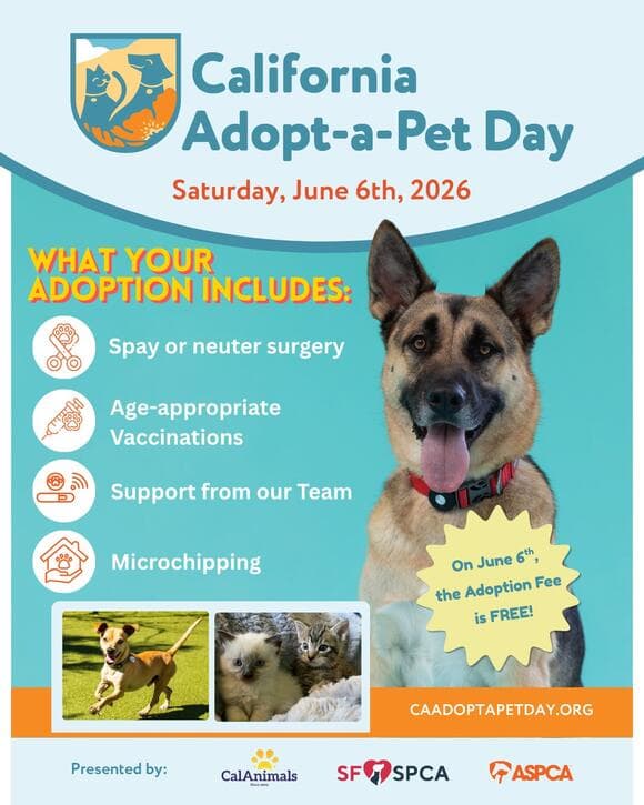 Free Adoptions at Santa Cruz SPCA on June 6