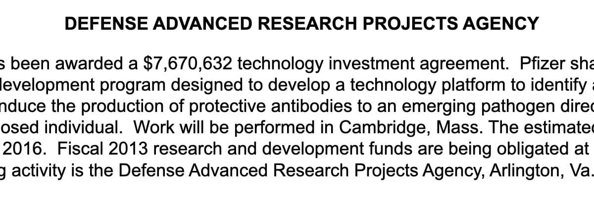 Pfizer Got a $7.7 Million DARPA Contract in 2013—Years Before COVID