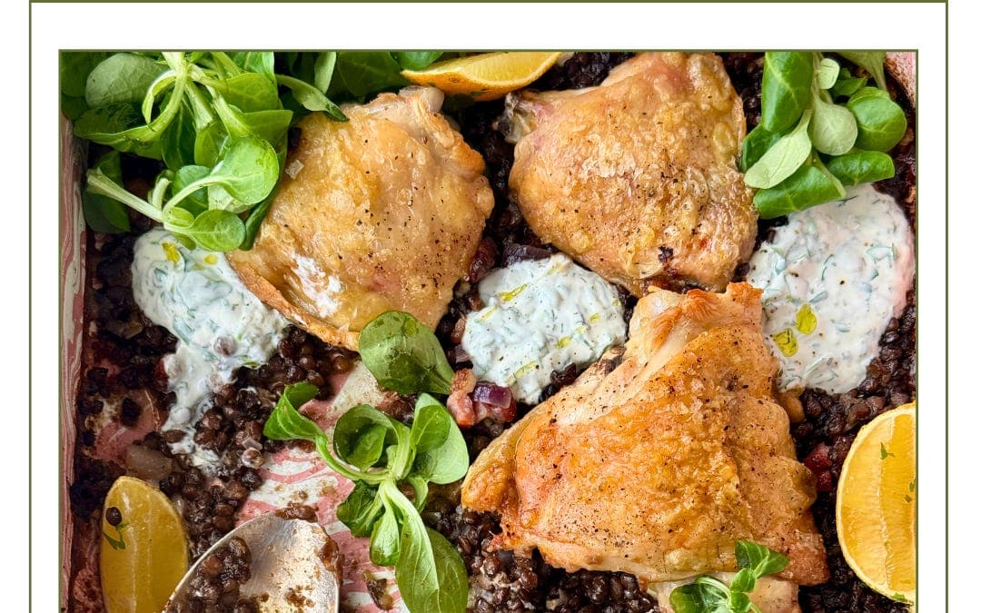 One-Pan Crispy Chicken with Lentils, Pancetta & Herby Yoghurt