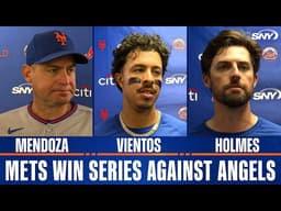 Carlos Mendoza, Mark Vientos, Clay Holmes and Carson Benge after Mets take series against Angels