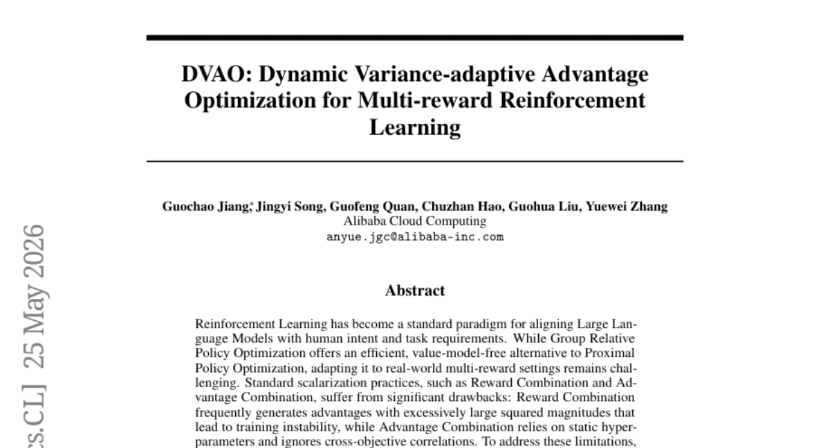 DVAO: Dynamic Variance-adaptive Advantage Optimization for Multi-reward Reinforcement Learning