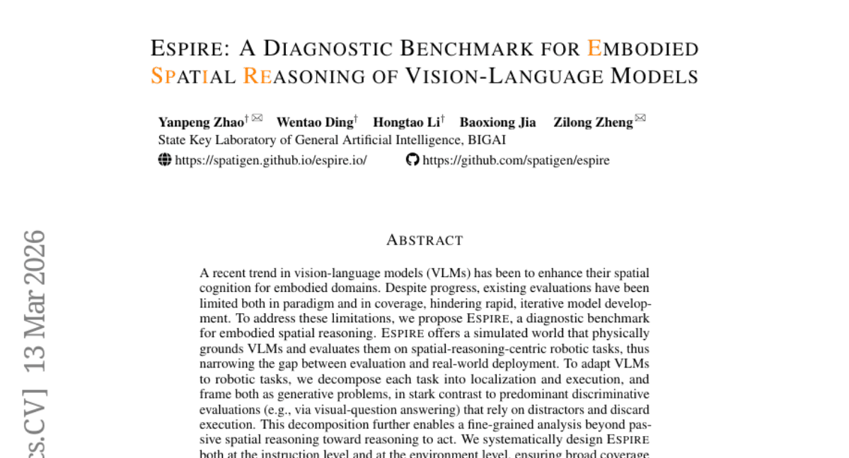 ESPIRE: A Diagnostic Benchmark for Embodied Spatial Reasoning of Vision-Language Models
