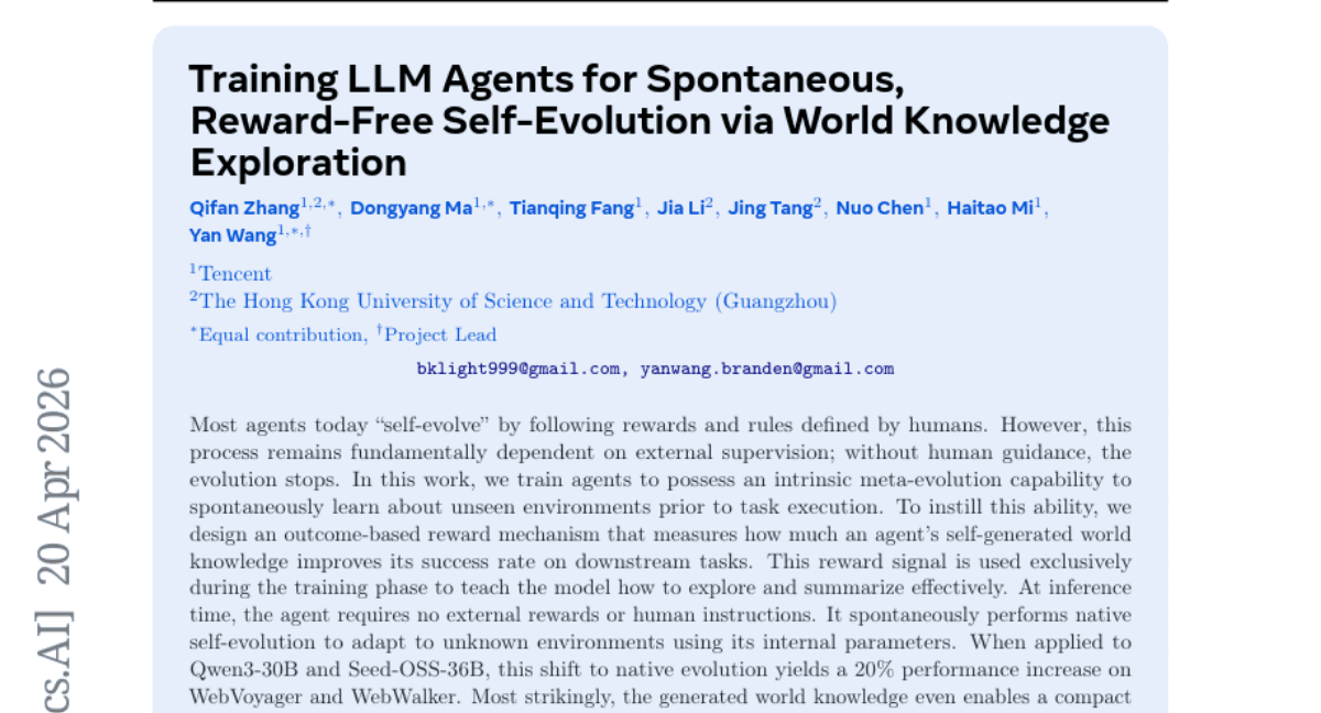 Training LLM Agents for Spontaneous, Reward-Free Self-Evolution via World Knowledge Exploration