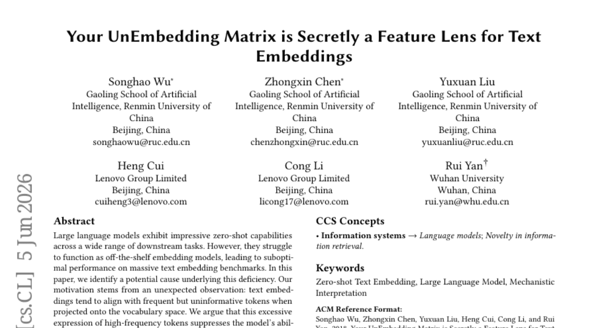 Your UnEmbedding Matrix is Secretly a Feature Lens for Text Embeddings
