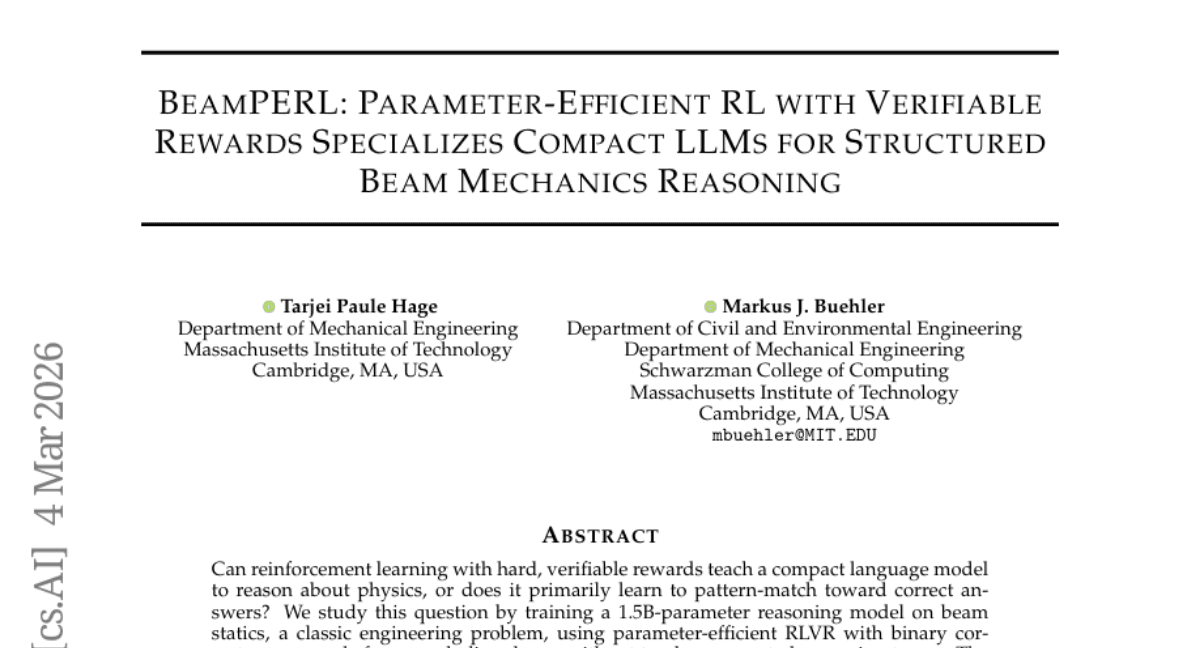 BeamPERL: Parameter-Efficient RL with Verifiable Rewards Specializes Compact LLMs for Structured Beam Mechanics Reasoning
