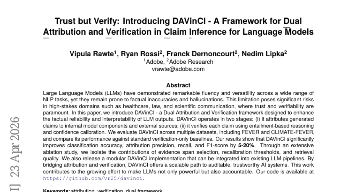Trust but Verify: Introducing DAVinCI -- A Framework for Dual Attribution and Verification in Claim Inference for Language Models