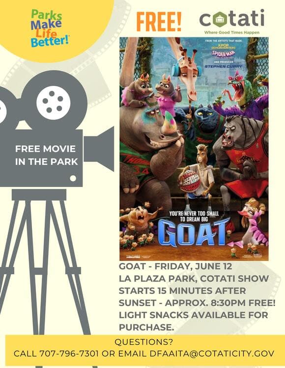 📅 Free Outdoor Movie Night: 'GOAT' on June 12 in Cotati