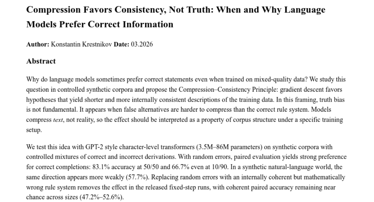 Compression Favors Consistency, Not Truth: When and Why Language Models Prefer Correct Information